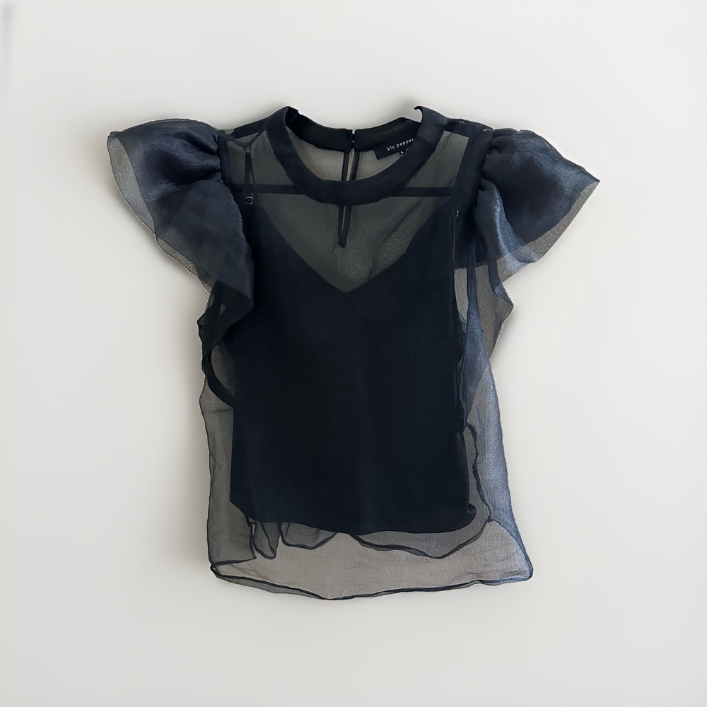 Blu Pepper Black Sheer Organza Ruffle Sleeve Blouse with Camisole SP0017 L